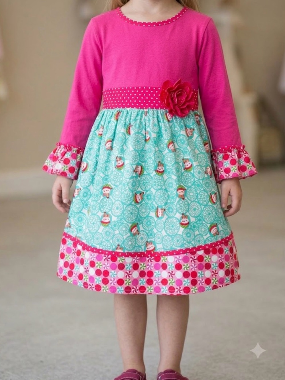 Girls' Pink and Aqua Holiday Floral Trim Dress